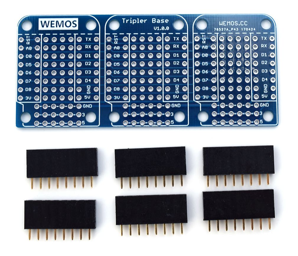 WEMOS D1 mini Triple Base Shield bovenkant met header pins